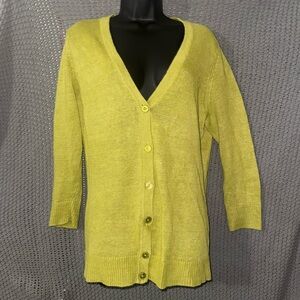 Talbots 100% Linen Knit Cardigan Sweater M lime V-Neck Button Up